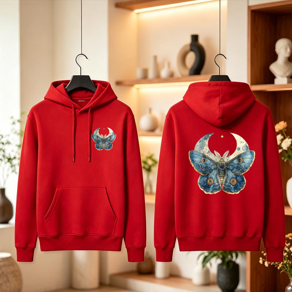 Cottagecore Green Celestial Moth Hoodie Blue Butterfly Moon Graphic Pullover Cozy Unisex Women Fall Winter Top Aesthetic