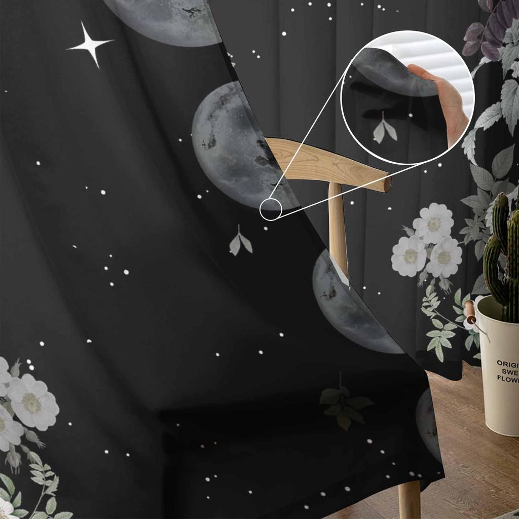 Lunar Flowers Plants Retro Stars Black Sheer Curtains for Living Room Decoration Window Curtains Kitchen Tulle Voile Curtains