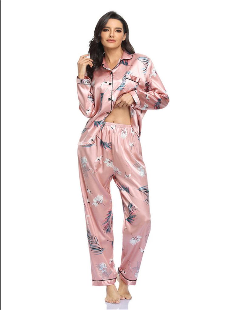 Loungewear für Damen im europäischen und amerikanischen Stil für Frühling und Herbst, bequemes Satin-Pyjama-Set, lässige 2-teilige bedruckte Homewear