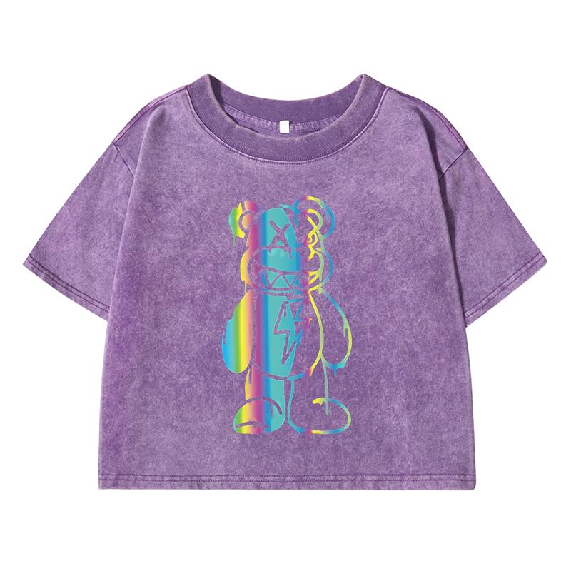 Rainbow Bear Patternprinting Female Washed Short T-Shirt Fashion Tshirt Street Tops Summer Midriff-Baring Clothes