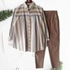2Pcs/Set Lapel Long Sleeve Single Breasted Mid-rise Pockets Casual Outfit Striped Print Shirt Solid Color Pants Set