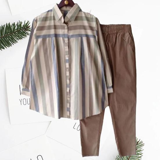 2Pcs/Set Lapel Long Sleeve Single Breasted Mid-rise Pockets Casual Outfit Striped Print Shirt Solid Color Pants Set