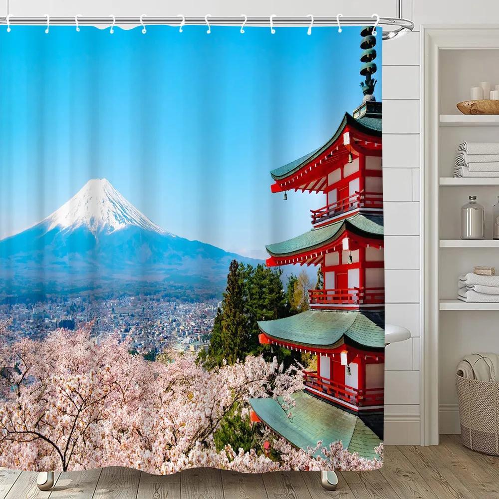 Růžové květy sakury Sprchové závěsy Japonské třešňové květy Stromy Květinový Rustikální Zahradní Krajina Látkový Potisk Koupelnová Dekorace