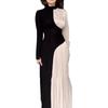 Women's Retro Slimming Evening Dress - Color Block, Round Neck, Long Sleeve, High Waist