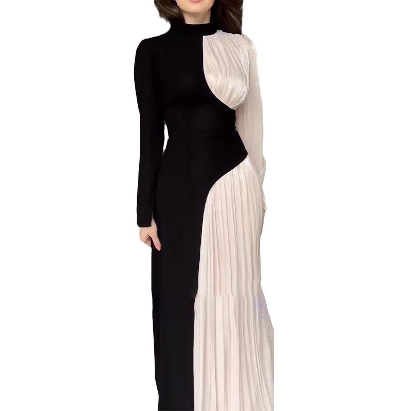 Women's Retro Slimming Evening Dress - Color Block, Round Neck, Long Sleeve, High Waist