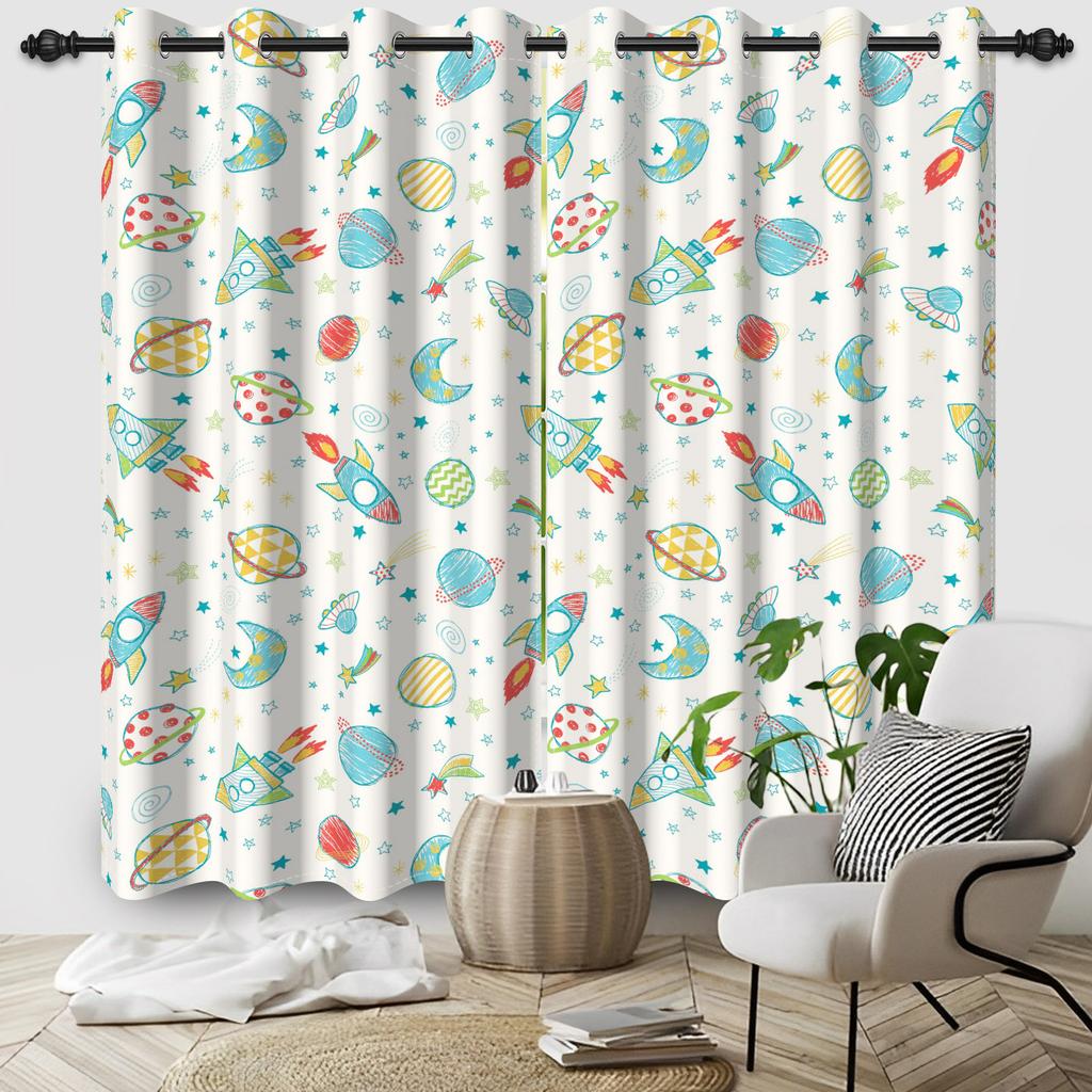 Cosmic Planet Curtains Cartoon Pattern Printed Window Polyester Thermal Insulated Home Interior Curtain Blackout