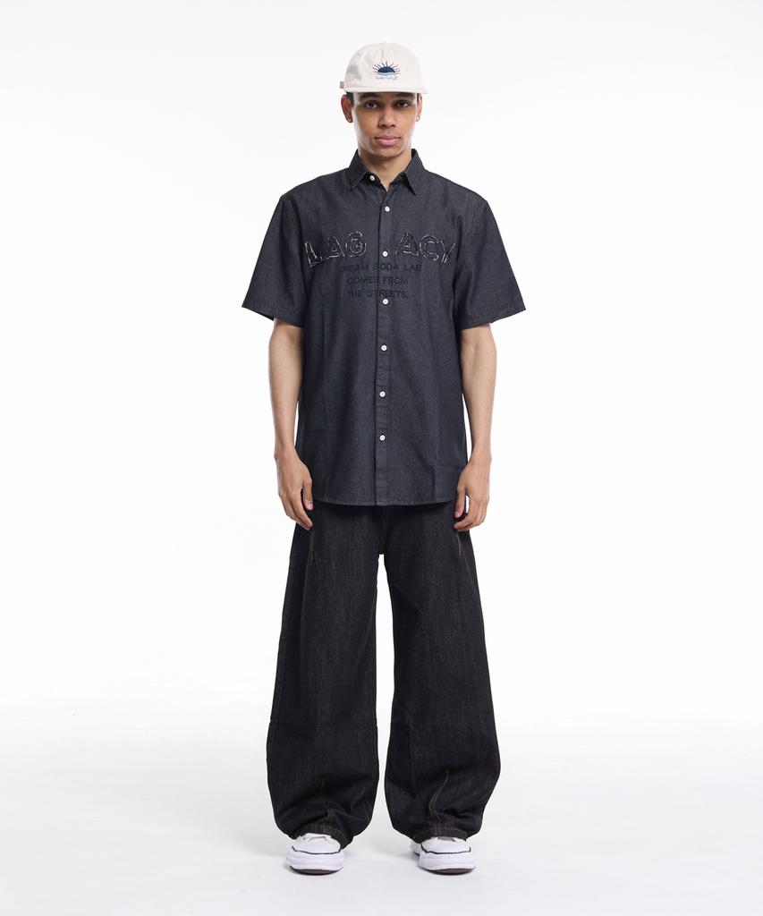 CREAM SODA LAB Applique Embroidered Lettering Denim Collared Short Sleeve Shirt Black