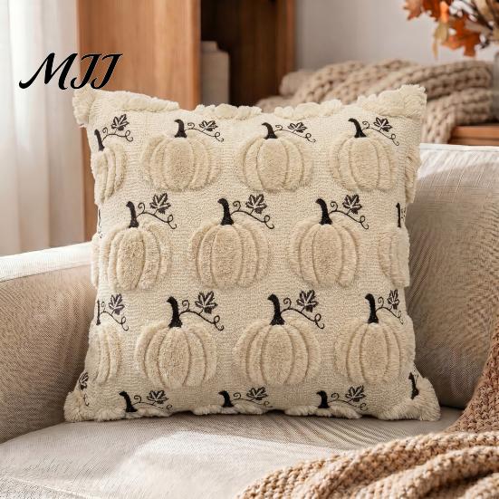Hidden Zipper Pillow Shell Thanksgiving Pumpkin Cushion Cover, Plush Embroidered Throw Farmhouse Style Case Soft Cozy for Home Autumn Decor Embroidery