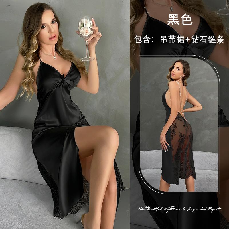 Women's satin backless sexy suspender nightdress high split lace perspective loungewear 811
