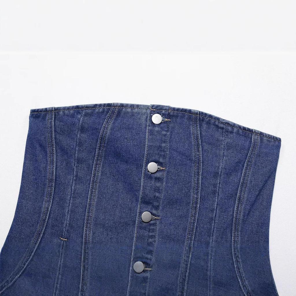 2025 Summer Women's Fashion: Denim Tube Top & Capri Pants Set