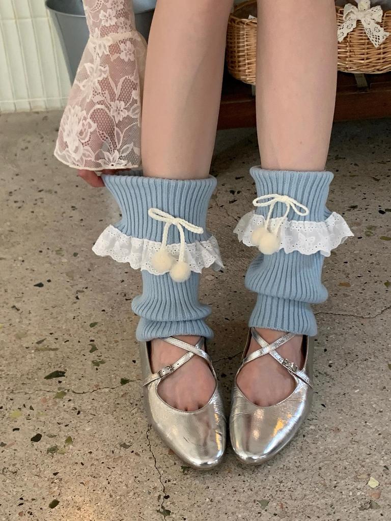 Koronkowe Wykończenie Pomponowe Podwijane Legginsy Damskie w Stylu Baletowym - Japońskie Skarpetki Marszczone na Jesień/Zimę