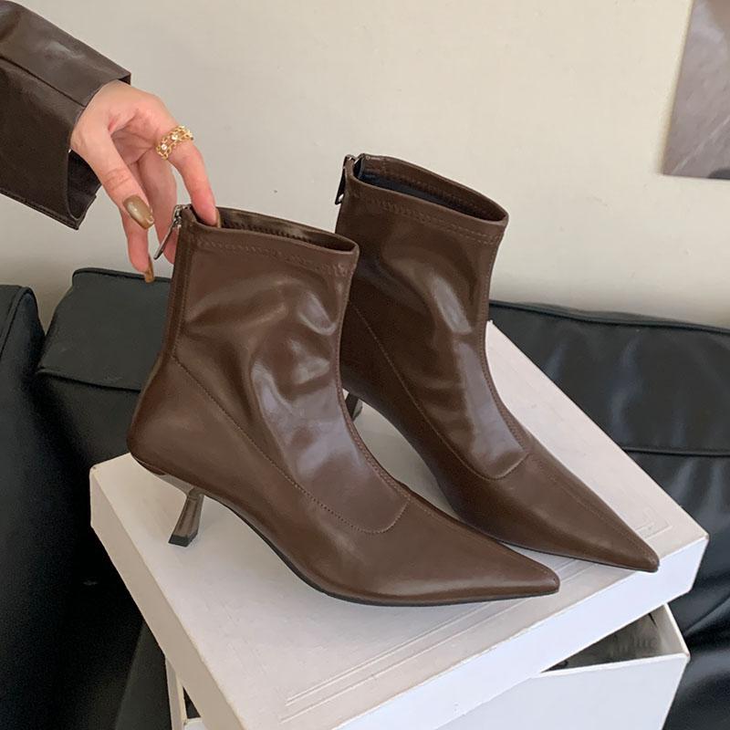 Mode Mode Spitzschuh Damen Moderne Kurze Stiefel mit Absätzen Schuhe Reißverschlüsse Damen Knöchel Stretch Stiefel Damen Pumps Schuhe