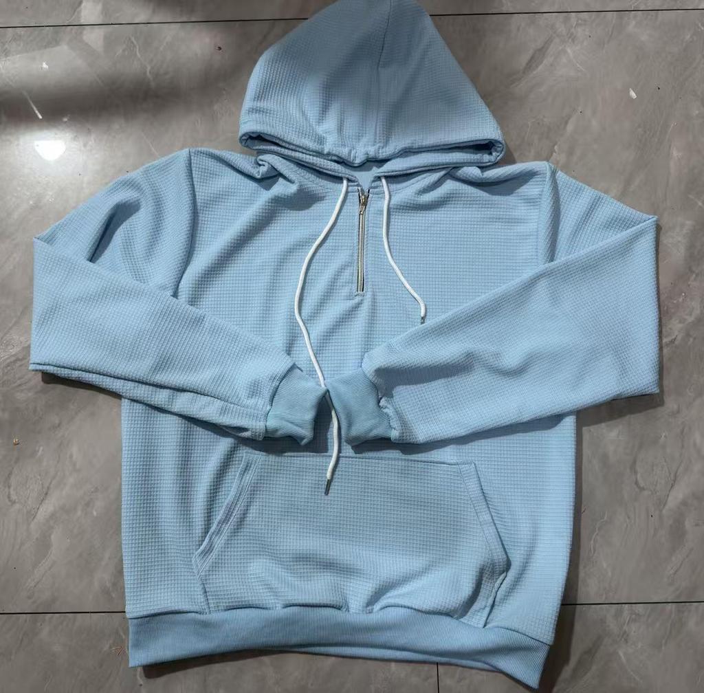 European Heavyweight Waffle Long Sleeve Hooded Sweatshirt - Men's Loose Fit, Pure Color, Casual Style