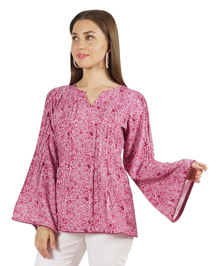 Moomaya Printed Top Full Sleeve Pleated Rayon Kurta Short Tunic Summer Blouse For