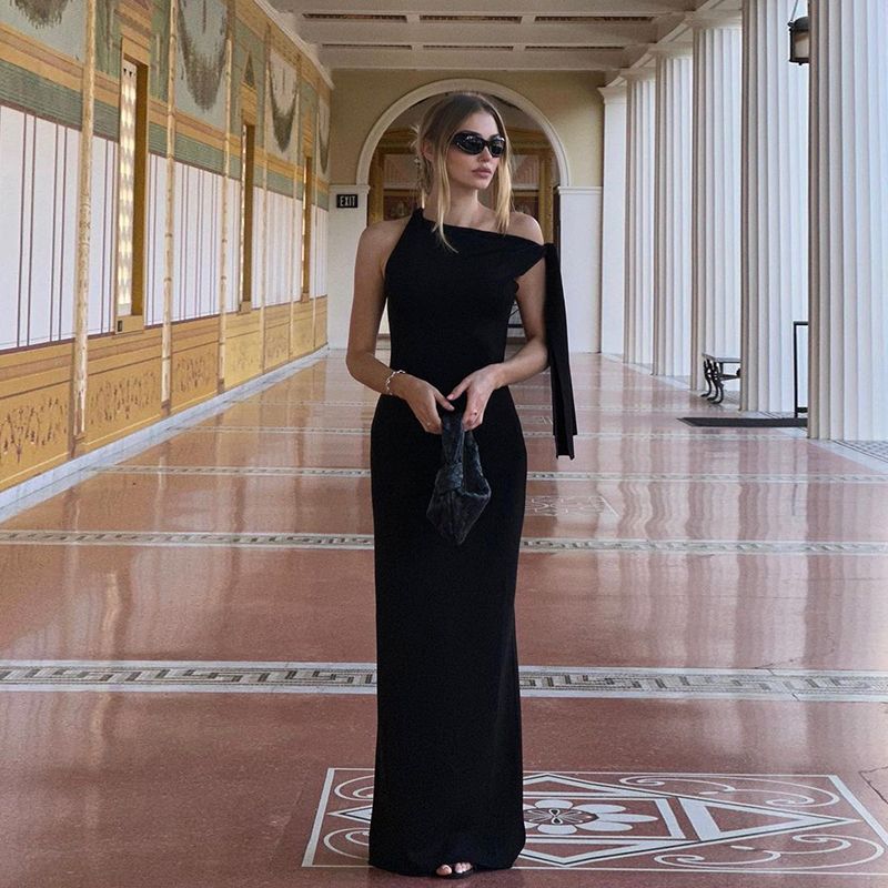 

# Sisjuly# Elegance Big Female Main Aura Oblique Shoulder Sexy Dress Female Fashion Wind Retro Black S