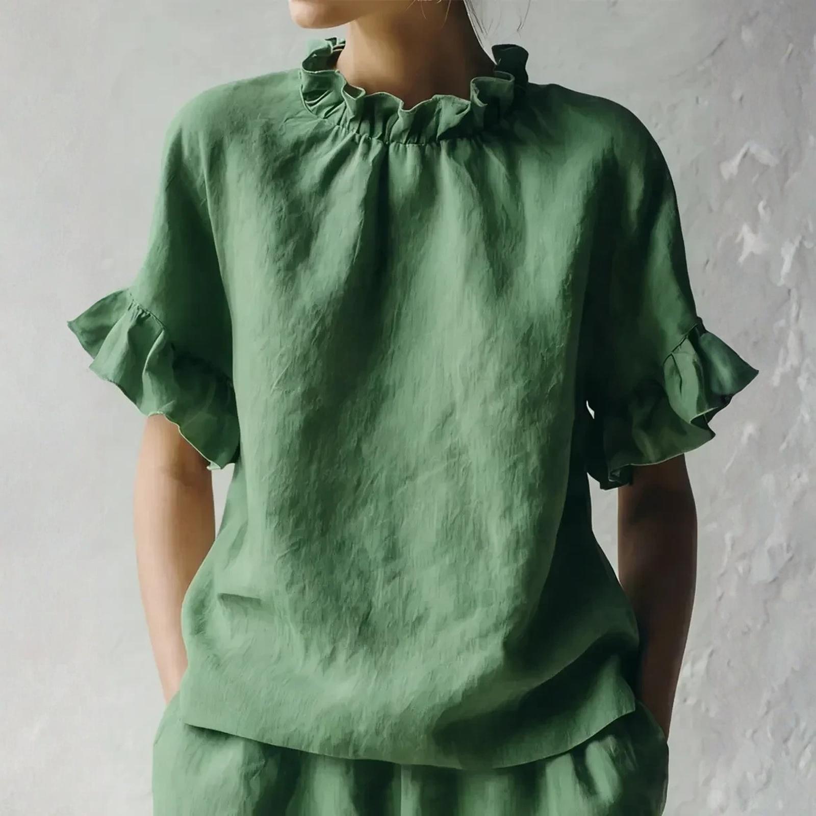 Women s Fashion  Color Casual Loose Ruffled Short-Sleeved Top XL зелёный