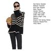 Women Fall Winter Sweater High Collar Neck Protection Contrast Color Striped Print Loose Knit Long Sleeve Split Hem Soft Warm Lady One Size Sweater