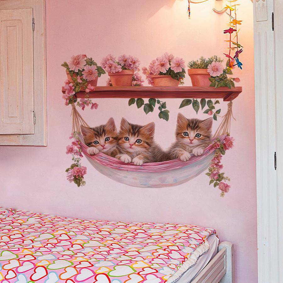 Artistic Potted Plant Kitten in Hammock Wall Stickers, Self-Adhesive Decor for Study Room Bedroom Kids Room Decoration