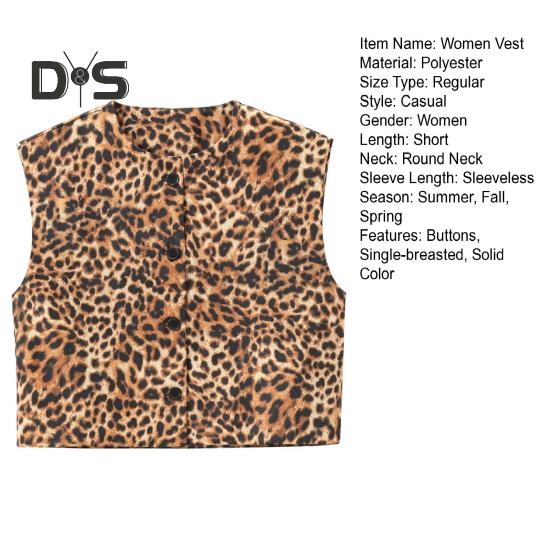 Women Vest Single-breasted Sleeveless Round Neck Solid Color Leopard Print Button Commuting Dating Casual Short Type Daily Wear Coat