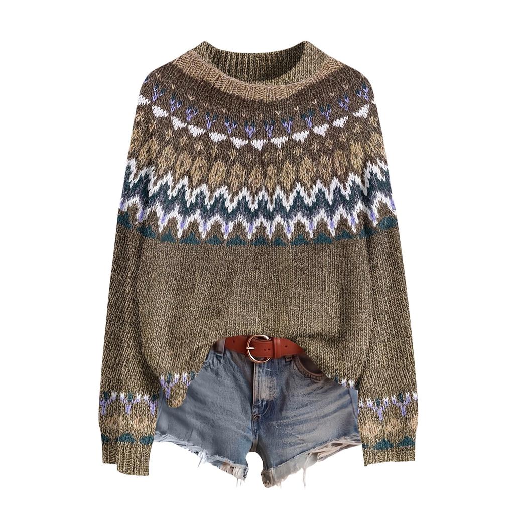 Women's Casual Long Sleeve Round Neck Soft Printed Sweater Pullover for Fall Winter