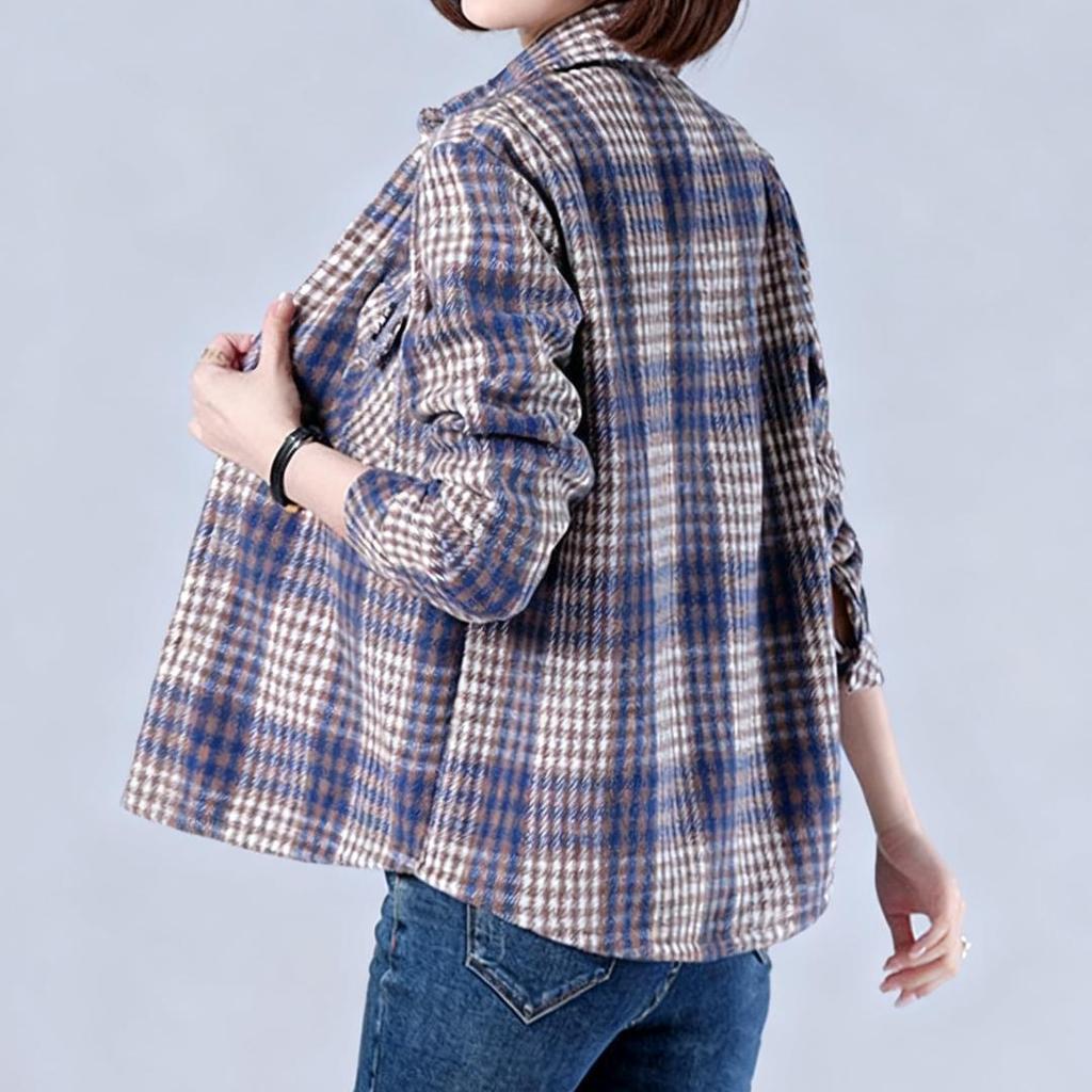 Fleece-Lined Plaid Mid-Length Wool Shirt for Women - Plus Size, Long-Sleeve Casual Outerwear