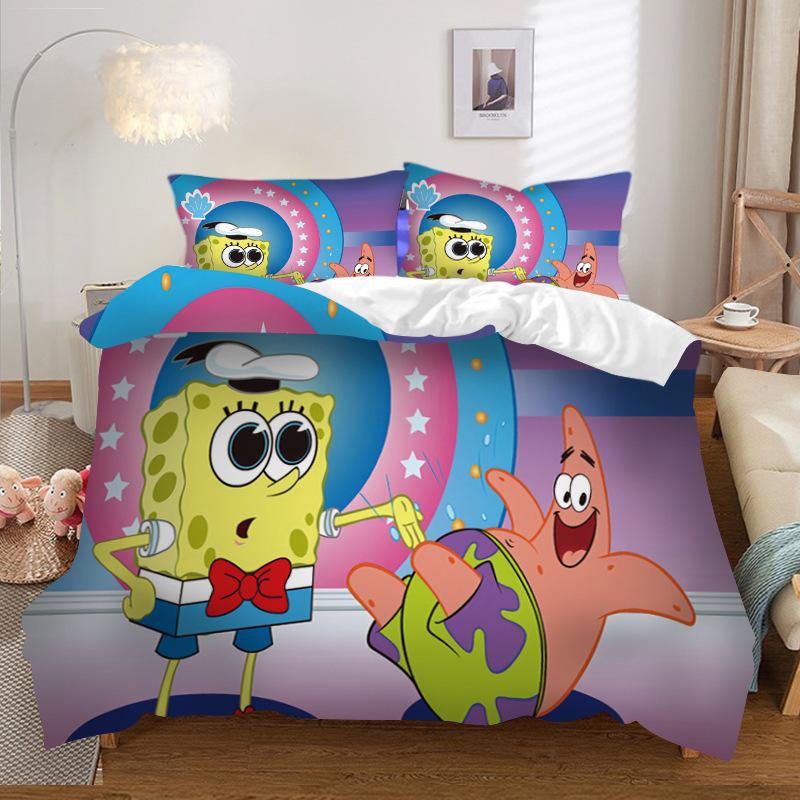 Three-Piece Home Textile Four-Piece Cartoon Spongebob Squarepants 3D Digital Printing Quilt Cover Pillowcase Bedding