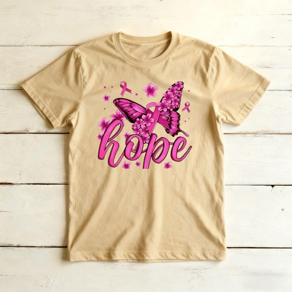 Hope Floral Butterfly Pink Ribbon Graphicunisex Summer Cotton T Shirt Breast Cancer Positive Short Sleeve Casual Top