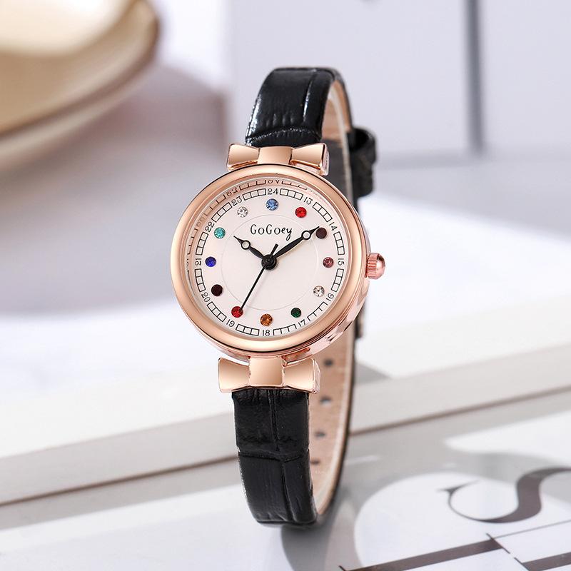 

Fashionable seven-color water diamond quartz watch for women, a niche and high-end leather strap wristwatch for women чорний