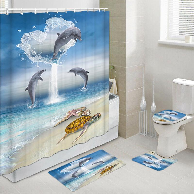 Dolphin Bathroom Decor Waterproof Shower Curtain Set Toilet Seat Cover Non-Slip Bath Mat Rug Carpet Polyester Fabric Washable