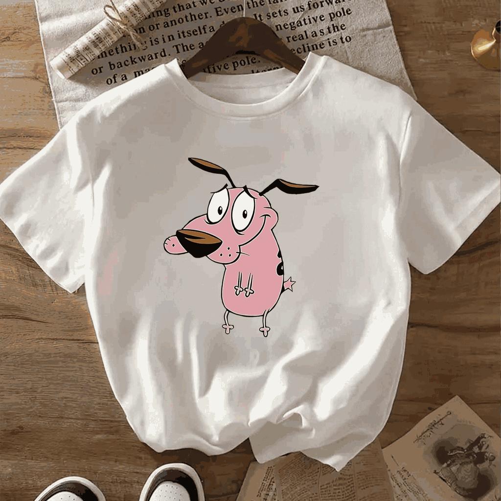 Courage The Cowardly Dog Graphic T‑Shirt Cute Pink Dog Print Unisex Oversized Loose Short Sleeve Tee Soft Cotton Cartoon Fans Casual Streetwear Tops