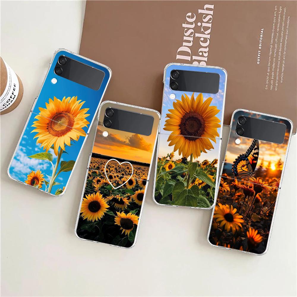 Phone Case For Samsung Galaxy Z Flip 3 4 5 Hard Folding Clear PC For Samsung Z Flip 6 Back Cover Beautiful Yellow Sunflower