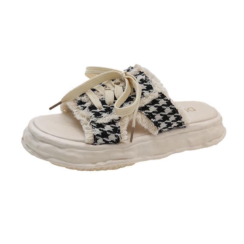 One-word Canvas Slippers Women's Summer Outer Wear 2025 New Thick-soled Versatile Super Fire-soluble Fashion Unsoled Sandals Women