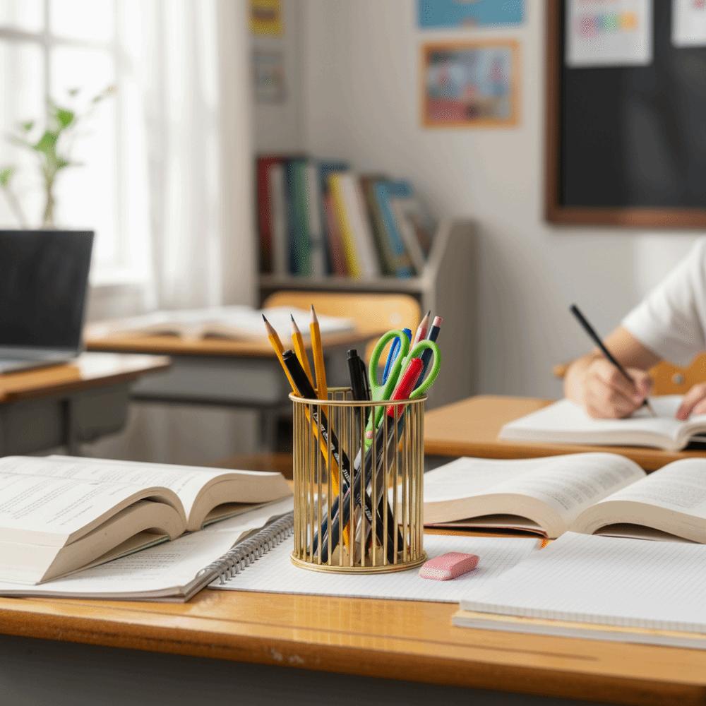 Gold Color Pen Holder Metal Material Pencil Organizer Storage Bucket Desktop Organizer  Office Use