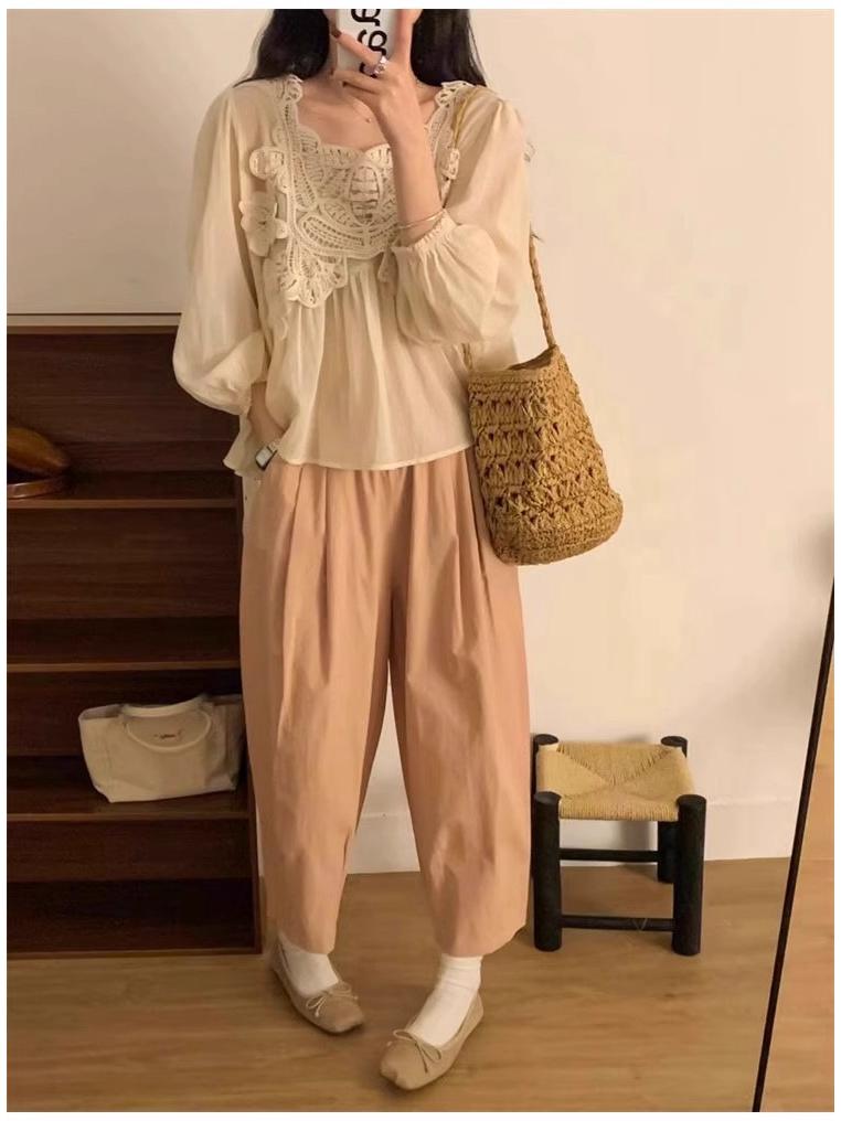 Cotton UL Japanese Style Women's Wide Leg Carrot Pants with Elastic Waist, Petite Loose Fit, Suitable for Spring, Summer, and Autumn.