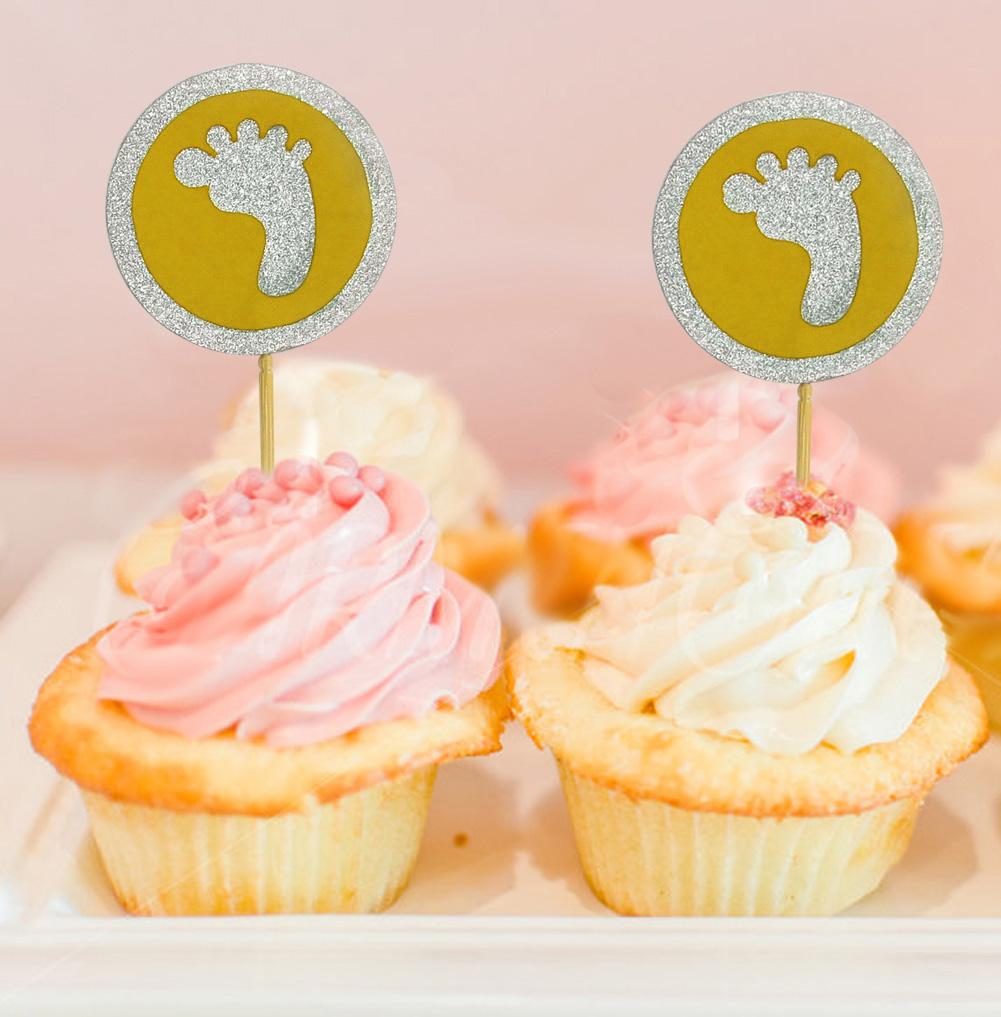 Darling Souvenir| Glitter Baby Foot Baby Shower Cupcake Toppers| Dessert Decorations - Pack Of