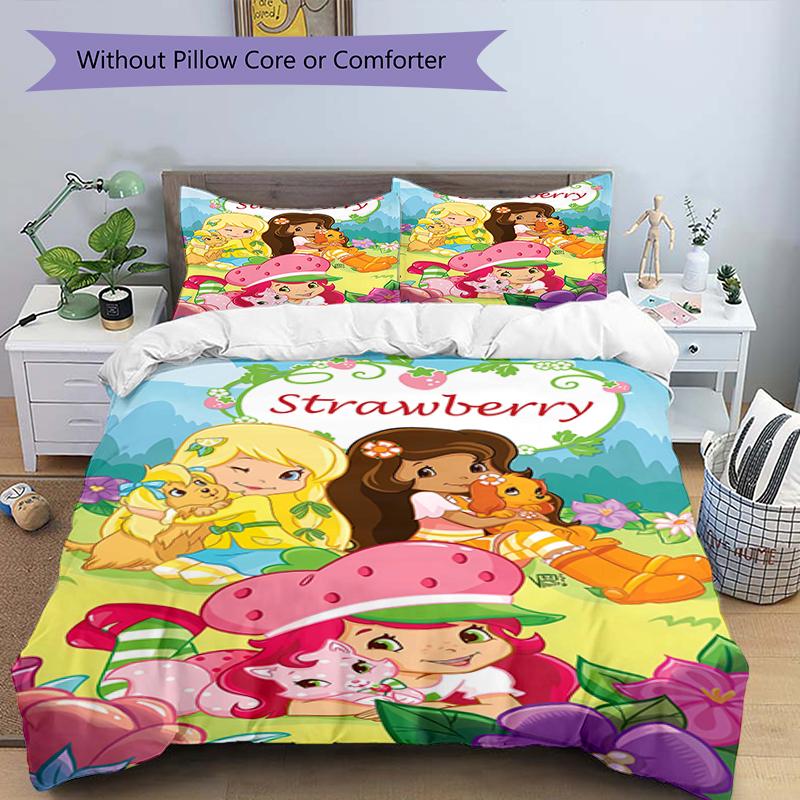 3pcs Strawberry Princess4 Design Cover Set - HD Printed Bedding with 1 Cover and 2 Pillowcases - Perfect for Home and Dorm Decor