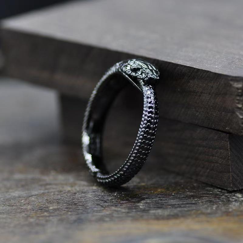 Ouroboros Silver Snake Ring: Personalized Retro Style, Unisex Dark Silver Niche Design