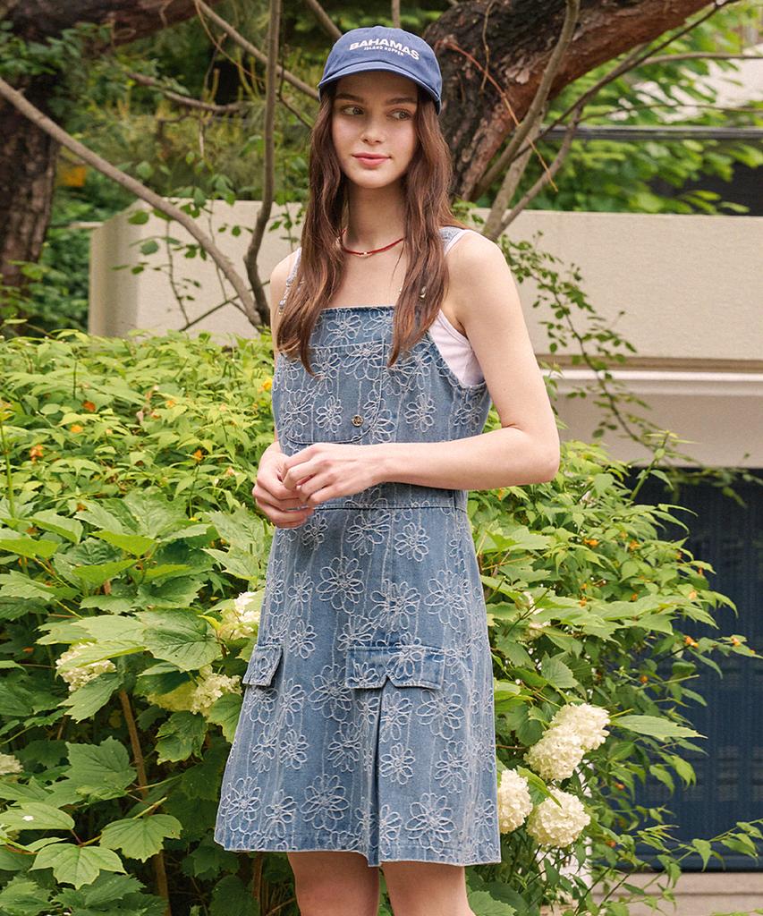 Micene Chicory Pleated Overall Denim Mini Dress