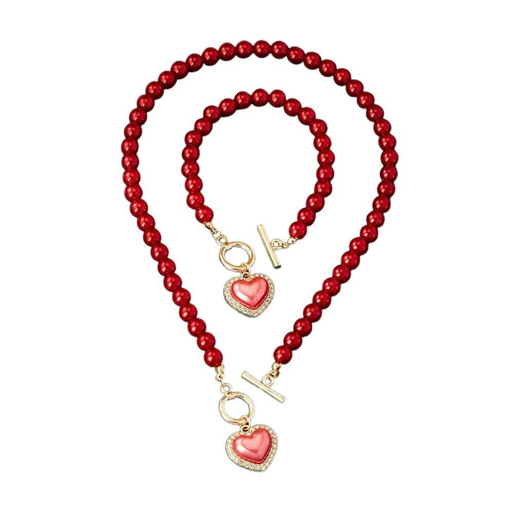 Beaded Heart Pendant Jewelry Set Crystal Pearl Necklace Set Necklace Bracelet Set  Wedding Party