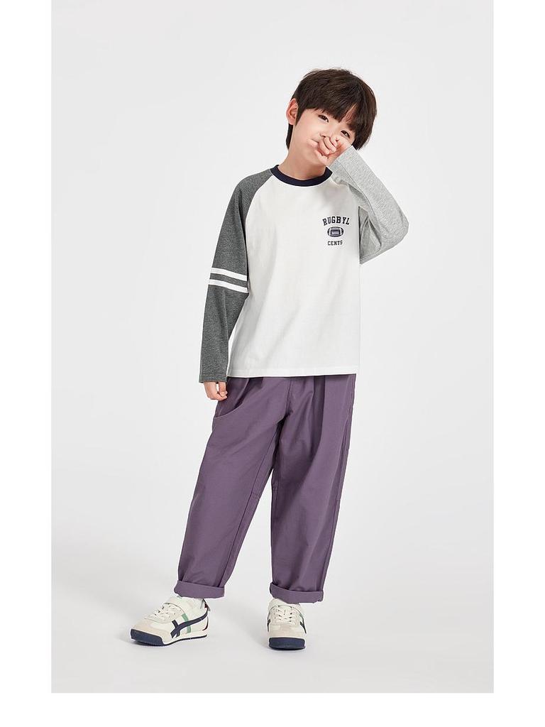 Boys' American-Style Long-Sleeve Cotton T-Shirts with Stripes, Contrast Sleeves - Ideal for Spring and Autumn.