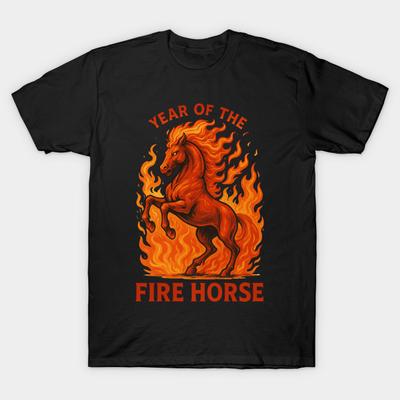 Men Black Print T-shirt Fire Horse Chinese New Year Shirt For Men Women – Fiery Zodiac Art Gift Tee For Celebration &Amp; Good Fortune No-Cut Transfer