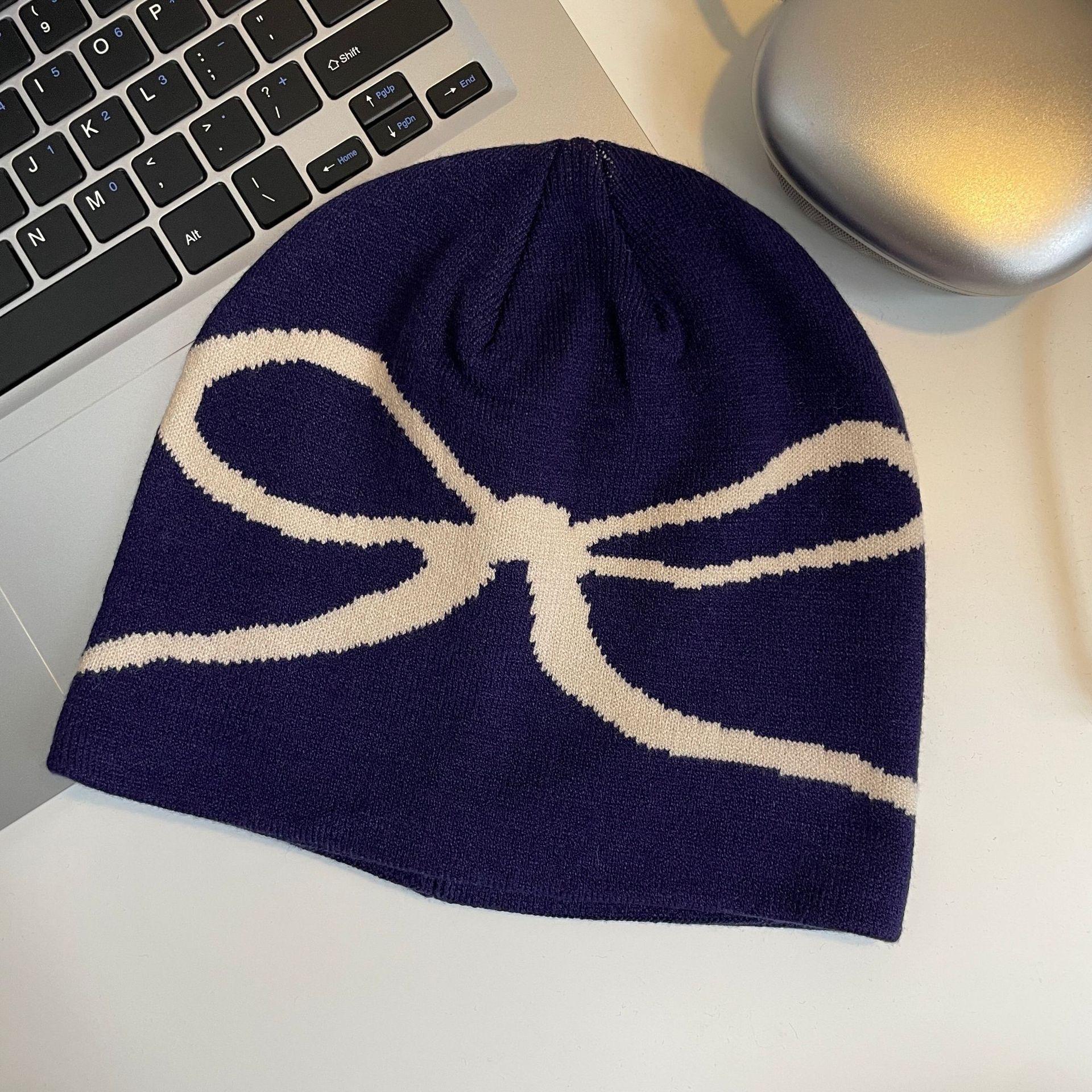 

Autumn and Winter Korean Bow Printed Knitted Hat Retro Cute Elastic Versatile Cold Hat Warm Wool Hat M（56-58cm）