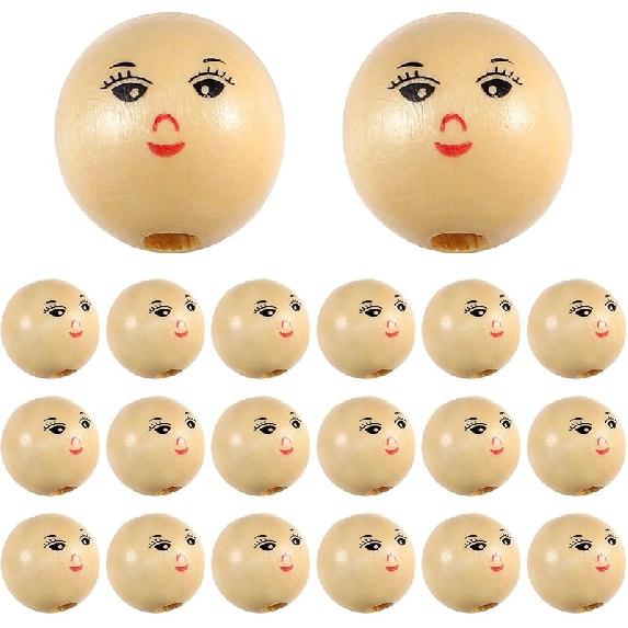 Smiling Face Wooden Beads 50Pcs 1.8CM Natural Wood Beads Wood Spacer Beads Loose Beads with Hole for DIY Craft Jewelry Making