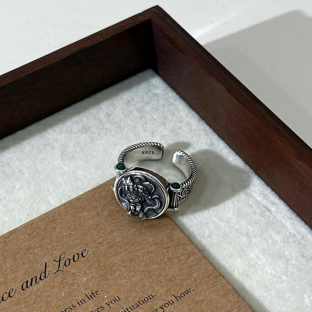 S925 Sterling Silver Retro Ethnic Women's Ring with Tang Dynasty God of Wealth Design, Adjustable Size.
