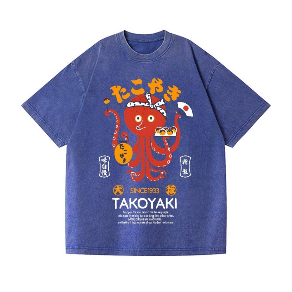 Herren Takoyaki Vintage Wash Japanisches Design T-Shirt Lustig Oktober Aufdruck Kurzarm Rundhals Sommer Schweres T-Shirt