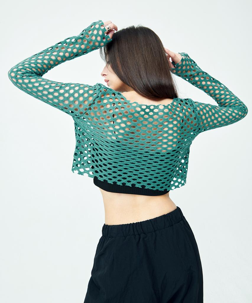 ATTENTIONROW FOR WOMEN Punched Layered Net Knit (Green)