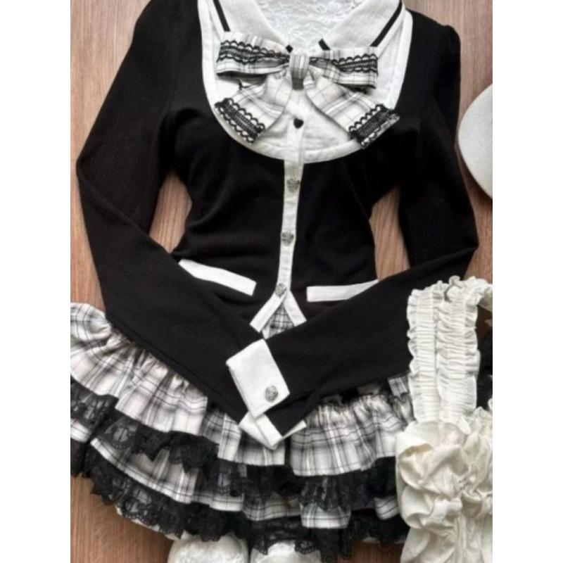 Autumn Winter Bow Lapel 2-piece Set Women Design Vintage Long Sleeve Slim Patchwork Tops + Thin High Waist Ruffle Skirt Suit New