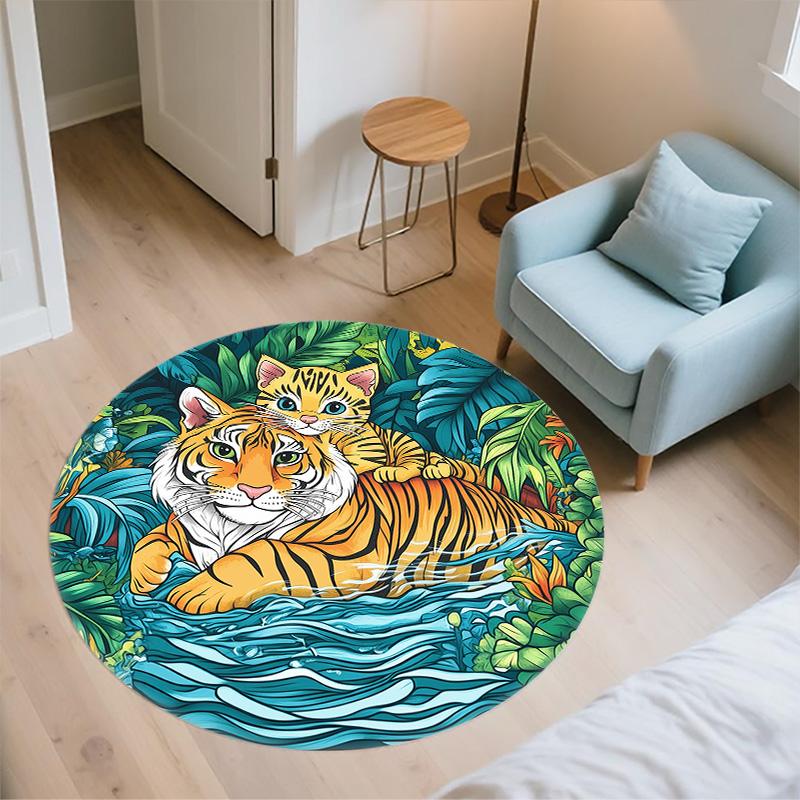 Bamboo Forest Tiger,Round Area Rug,Carpet Rug for Living Room Bedroom Sofa Playroom Decor,Non-slip Floor Mat