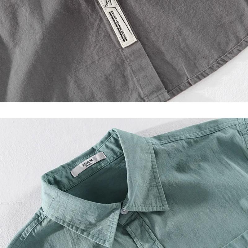Summer Short Sleeve Shirt Men Daily Casual Tops Square Collar Soft and Comfortable Green Pure Cotton Shirt Korean Simple Style Men Clothing