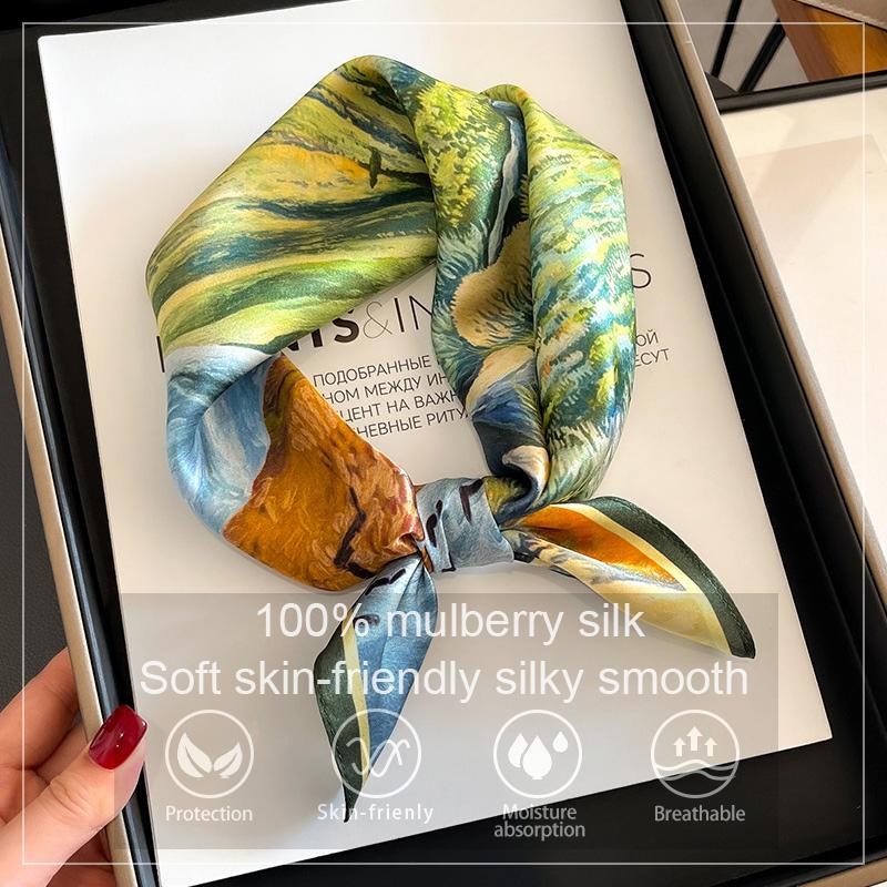 Luxury 100% Real Silk Scarf Women Artistic Print Bandana Shawl Lady Neckerchief Handkerchief Female Neck Bag Decorative Wrap 53c